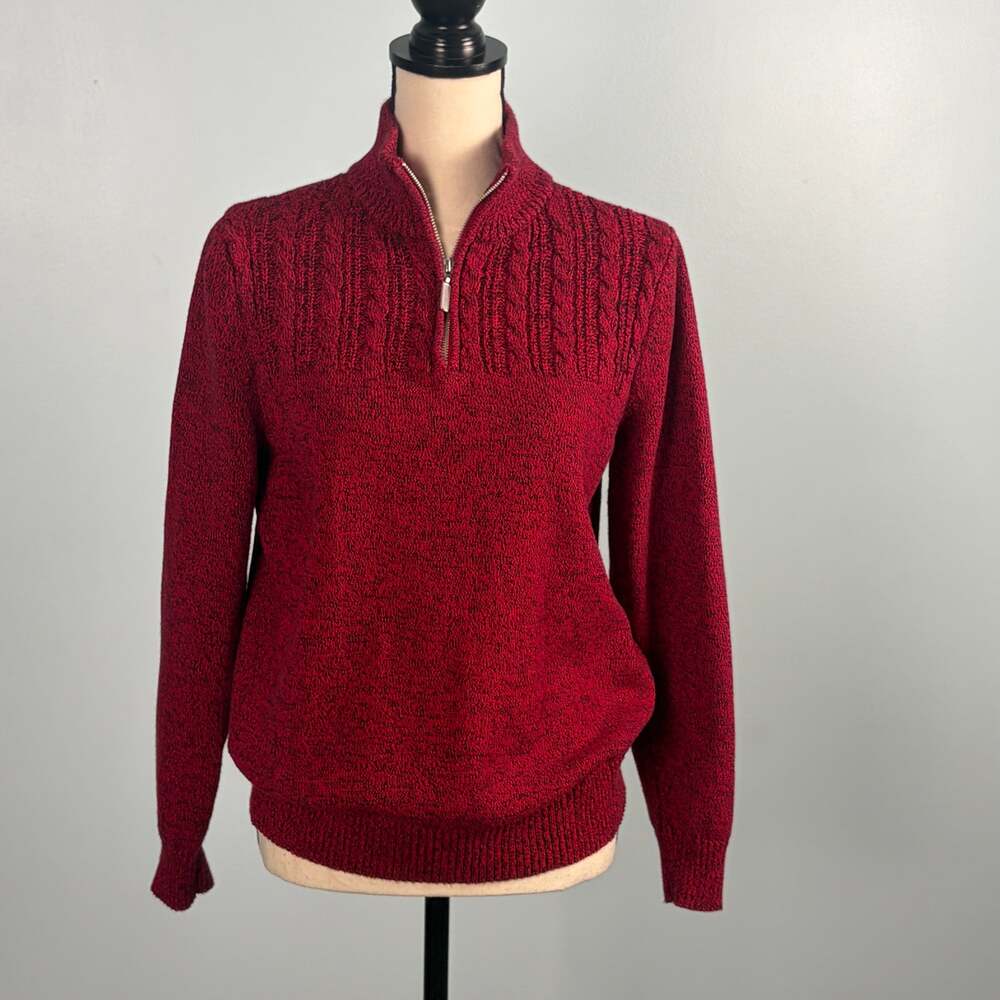Red Black Marled Cable Knit Quarter Zip Sweater Fisherman Core Heritage cotton